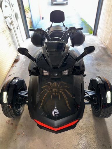 Dreirädriges Motorrad in schwarz mit einem Spinnenmotiv auf der Vorderseite.