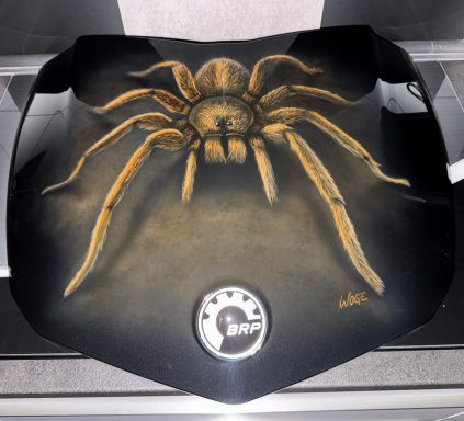 Motorradverkleidung mit detaillierter Spinnenmalerei in braunen und schwarzen Tönen.